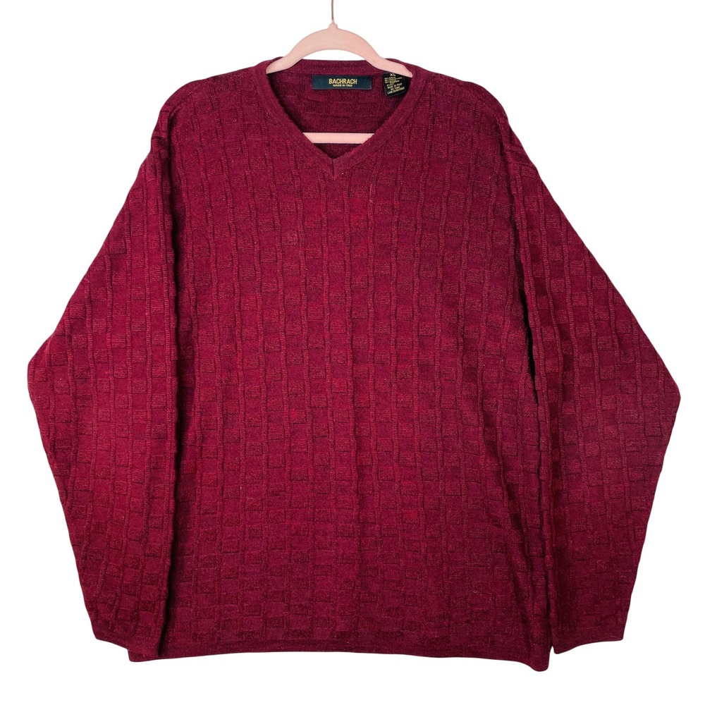 Bachrach Mens XL Burgundy Merino Wool Silk Blend V-Neck Textured Sweater Italy